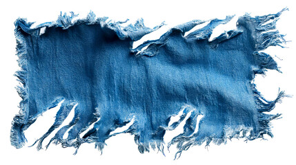 Torn denim fabric with frayed edges on transparent background