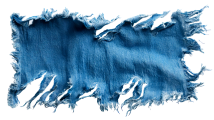 Torn denim fabric with frayed edges on transparent background