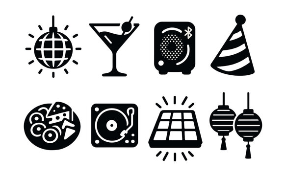 Yacht party silhouette icons set – simple, festive and celebration graphics