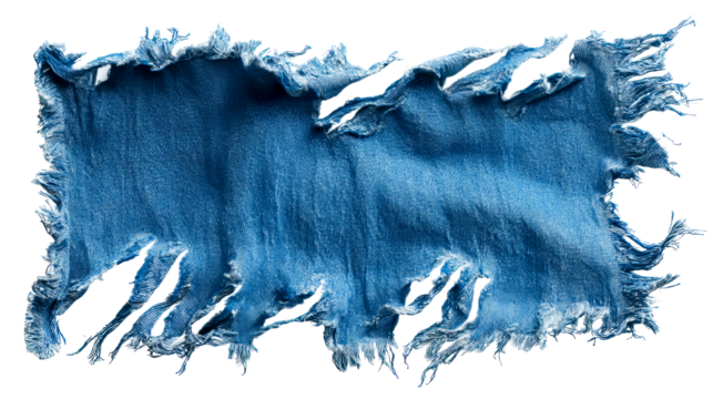 Torn denim fabric with frayed edges on transparent background