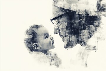 A grayscale portrait of a loving father and infant.