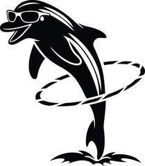 Cute dolphin jumping through a hoop while wearing sunglasses silhouette vector art, dolphin jumping through a hoop while wearing sunglasses line art vector illustration design