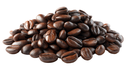 Freshly roasted coffee beans arranged on a transparent background
