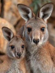 Fototapeta premium Female kangaroo standing tall with joey peeking out from pouch