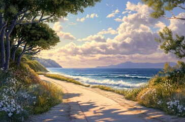 Quiet coastal road beside calm waves during sunset hour