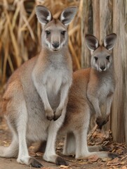Fototapeta premium Female kangaroo standing tall with joey peeking out from pouch