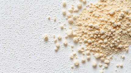 A pile of yellow Asafoetida powder scattered unevenly on a white smooth surface, emphasizing texture and granules.