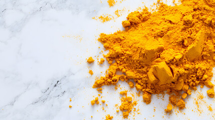 A pile of yellow Asafoetida powder scattered unevenly on a white smooth surface, emphasizing texture and granules.