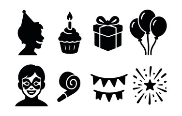Birthday celebration icons set – silhouette, simple and festive party elements
