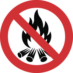 No Campfire Sign black silhouette with flames and red slash, underscoring fire safety and prohibition