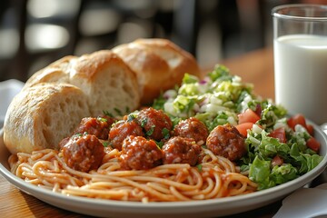 Delicious plate of spaghetti and meatballs with fresh salad and crusty bread