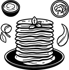 Stack of Pancakes with Sauces and Herbs Ready to Eat