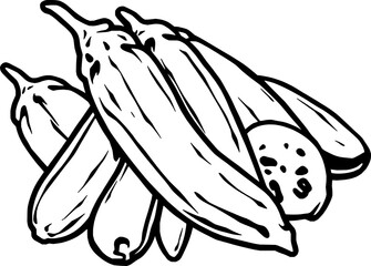 Line Art Drawing Of Fresh Okra Pods And Slices
