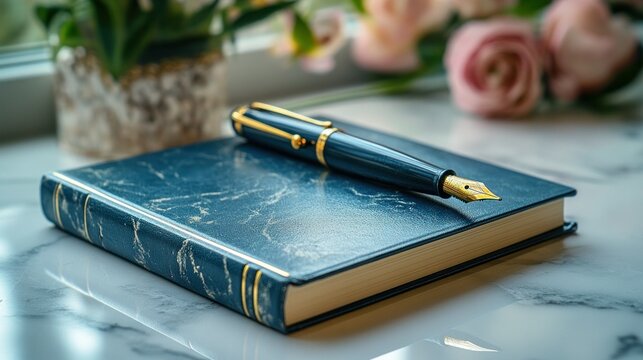 Elegant, luxurious notebook and fountain pen resting on marble surface