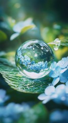 Crystal orb reflecting blue flowers on a leaf