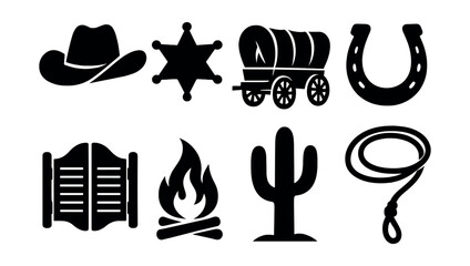Western icon silhouettes set – simple cowboy, frontier and desert symbols