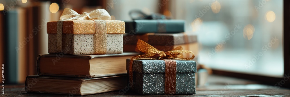 Poster Gift Box Placed on Stack of Colorful Books With Soft Lighting in Cozy Corner of a Room During a Winter Afternoon