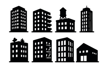 Urban architecture silhouette icons set – modern, building and cityscape graphics