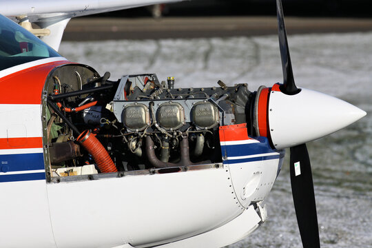 Bergneustadt, Germany - January 12, 2013: Avco Lycoming engine in a light aircraft