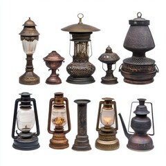 Antique Lamp Collection Still Life Isolated on White Background Decorative Lighting Vintage Style Home Decor