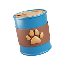 3d pet food tin can with paw print label of dog or cat. Blue brown canned round closed metal jar with natural wet feed, meat or fish, isolated preserve container. Cartoon render icon