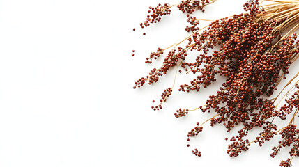A tranquil scene of quinoa ears with reddish seeds lying gracefully on a white background, emphasizing their natural beauty and delicate texture.