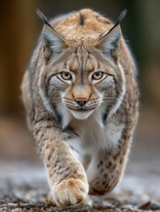 Fototapeta premium Running Eurasian lynx in motion, body fully extended