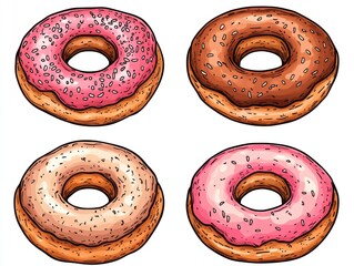 Assorted donuts illustration, top angle, cartoon style, pink frosting, chocolate frosting, vanilla frosting, bakery item