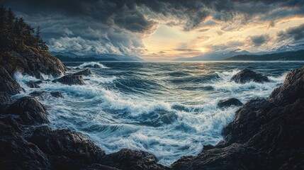Obraz premium Dramatic seascape at sunset with waves crashing against rocky shore. Dark clouds and mountains in background.