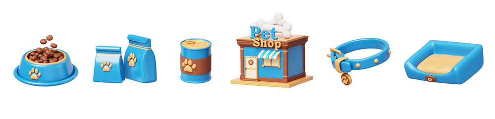 3d set of pet shop building, food and accessories cartoon render icon. Isolated domestic animal store exterior, cat or dog bowl, bed, collar, feed can and bag. Petshop business goods