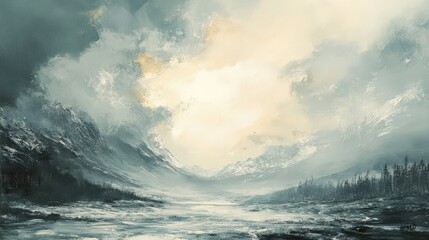 Obraz premium Abstract winter mountain landscape painting. Serene and peaceful scene with pale blue and white colors.