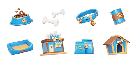 Pet shop cartoon 3d render icon set. Domestic animal store building exterior, dog house, collar, feed bowl, bed, bone, toys, food tin can and bag, isolated design elements