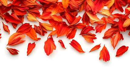 A vibrant and natural display of dried safflower petals in bright orange-red, scattered across a white background, emphasizing their fine texture and striking color.