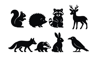 Naklejka premium Woodland animal silhouettes icons set – simple, nature and wildlife symbols