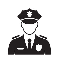 Police officer silhouette icon representing law enforcement, security, and public service. Black and white design for use in various law-related contexts.