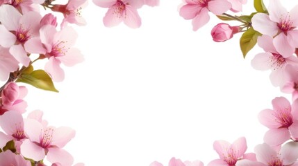 Pink Cherry Blossom Frame on White Background Springtime Floral Border Delicate Petals Artistic Arrangement