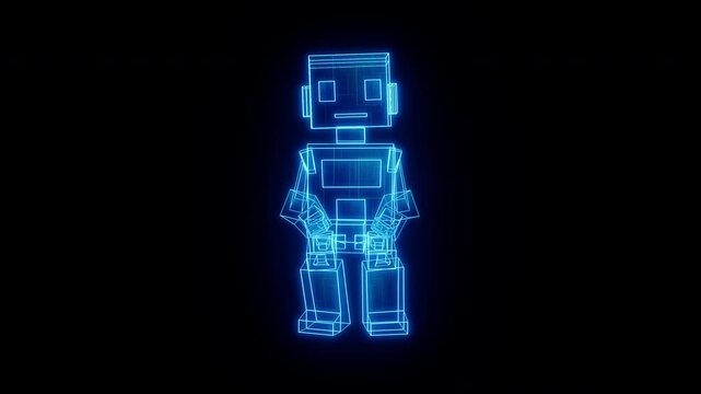 Futuristic wireframe robot raises hand with curious expression, as if asking a question. Great for AI assistant prompts, chatbot avatars, and digital explainer content.