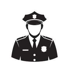 Police officer silhouette icon representing law enforcement, security, and public service. Black and white design for use in various law-related contexts.