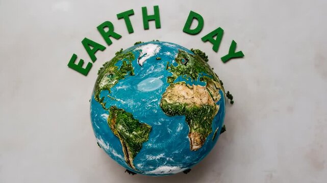 Green Earth Day lettering above a beautifully crafted clay globe. It highlights the importance of caring for our planet and its resources.