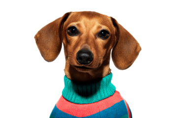 Dachshund posing in colorful sweater with transparent background