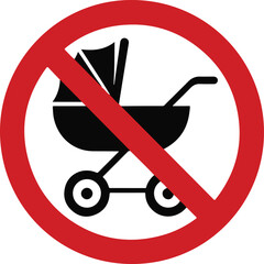 No Stroller Sign black silhouette with wheels and red slash, underscoring accessibility limits and safety in a minimalist vector