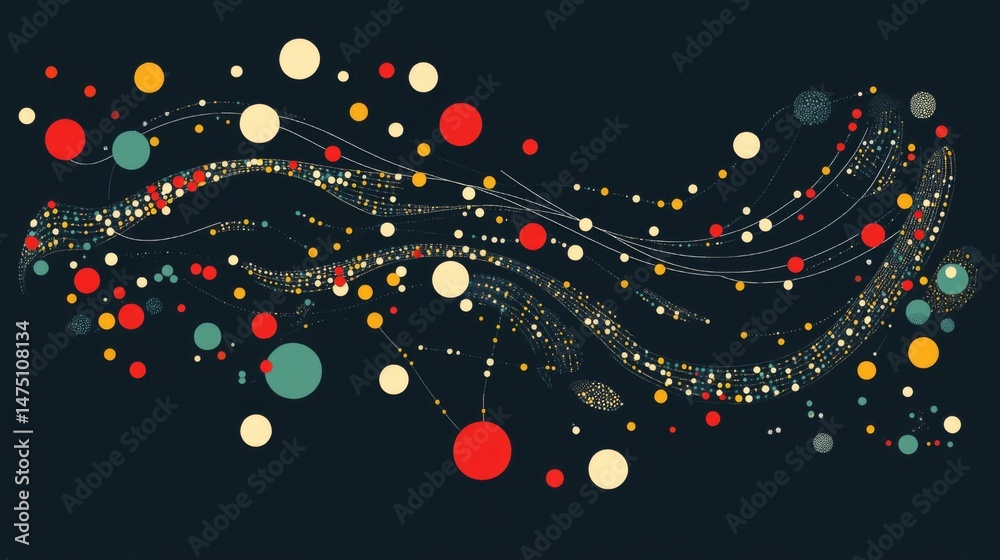 Leinwandbilder An abstract financial graph with curved lines and colorful dots, symbolizing growth and trends in business finance, positioned on a dark gradient background.