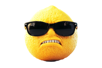 Lemon with sunglasses and gritted teeth expression on black background
