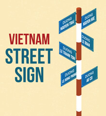"Illustration of a Vietnam street sign with multiple blue name plates on a red-and-white striped pole.Vintage textured background with bold 'Vietnam Street Sign' typography."