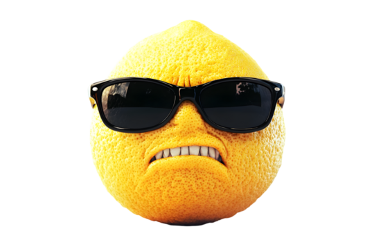 Lemon with sunglasses and gritted teeth expression on black background
