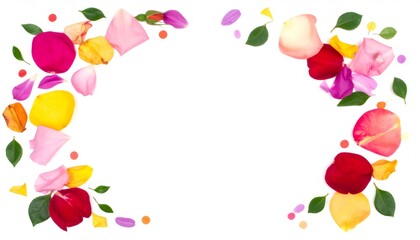 Colorful flower petals and green leaves framing white background