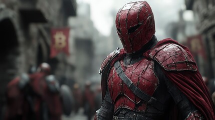 Red-armored figure stands prominently in a city, soldiers behind, banners hanging
