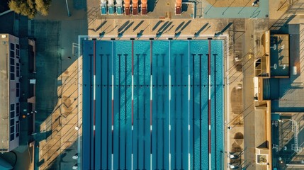 Aerial view of an empty rectangular swimming pool with lane dividers and surrounding facility features