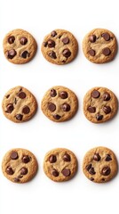 Overhead studio shot of nine chocolate chip cookies arranged on a white surface for a delicious treat or snack