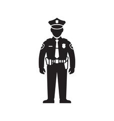 Police officer silhouette icon representing law enforcement, security, and public service. Black and white design for use in various law-related contexts.